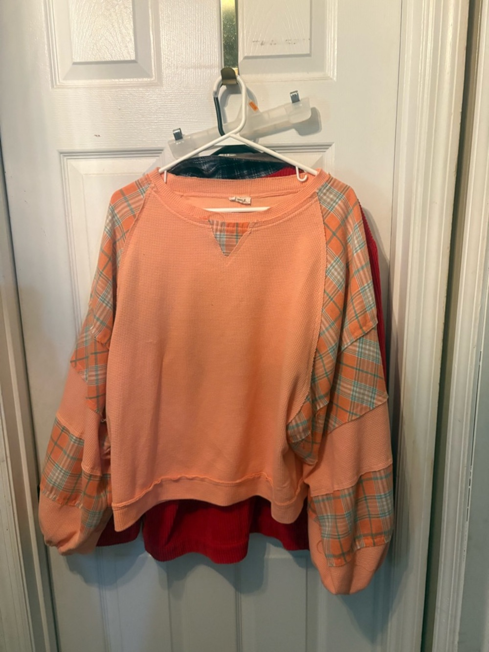 POL Peach Plaid-Trim Waffle Knit Pullover